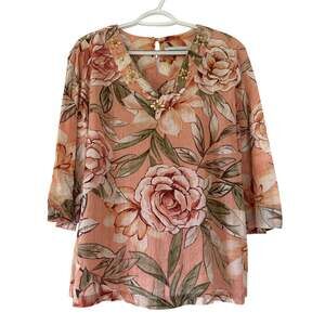 Alfred Dunner Petite 16P 3/4 Sleeve V-neck Bling Collar Peach Olive Green Blouse